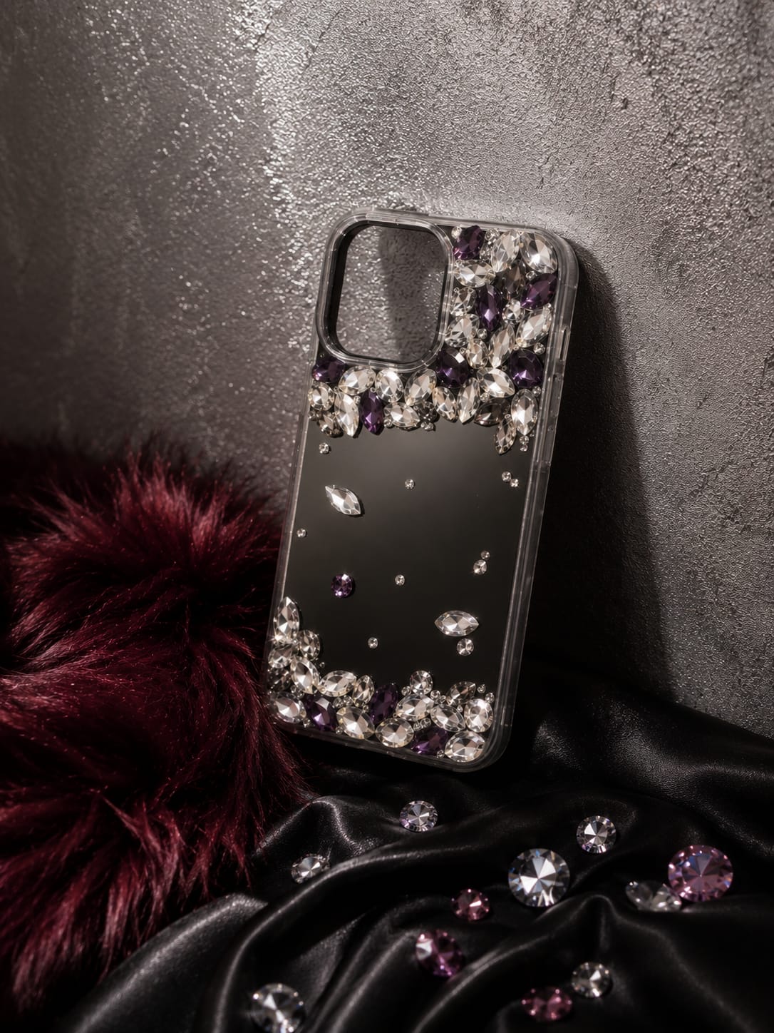 Purple Diamond Studded Mirror Case